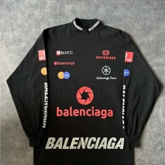 Balenciaga Black Long Sleeve Logo Tee with Red Accents - Picture 1 of 3